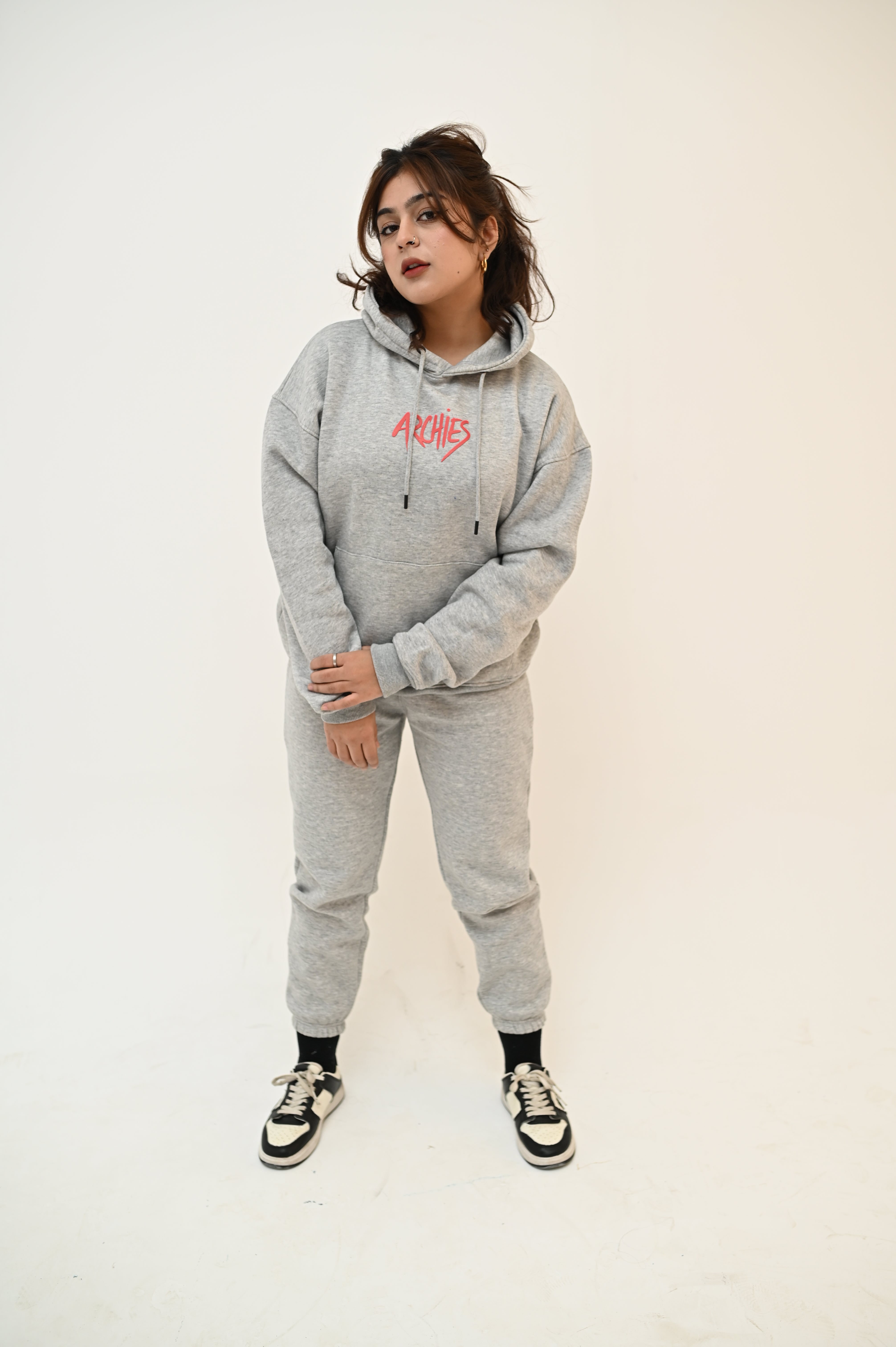 Grey Pullover Hoodie and Trouser Set For Women