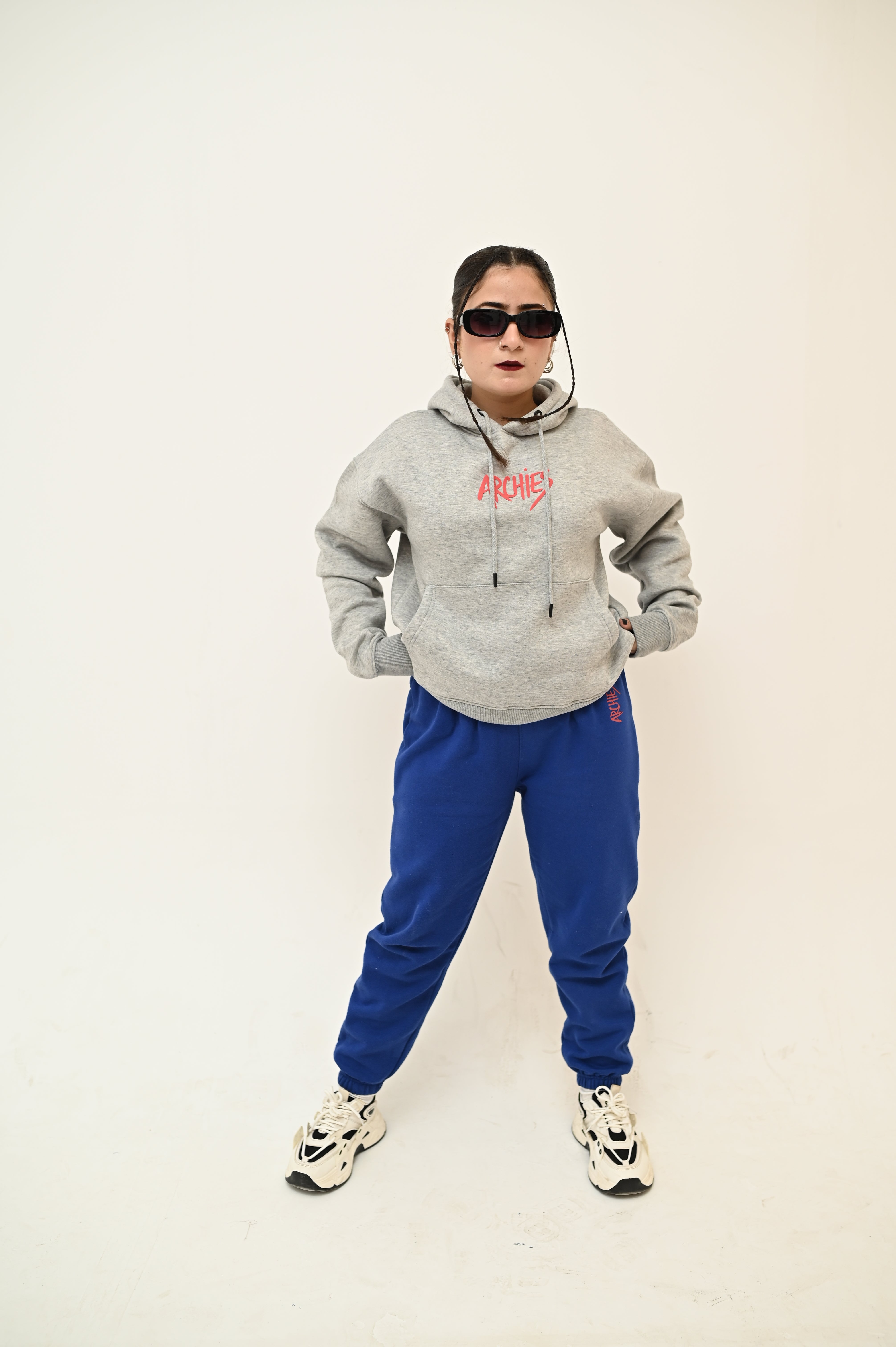 Grey Pullover Hoodie and Blue Trouser Winter Suit For Women