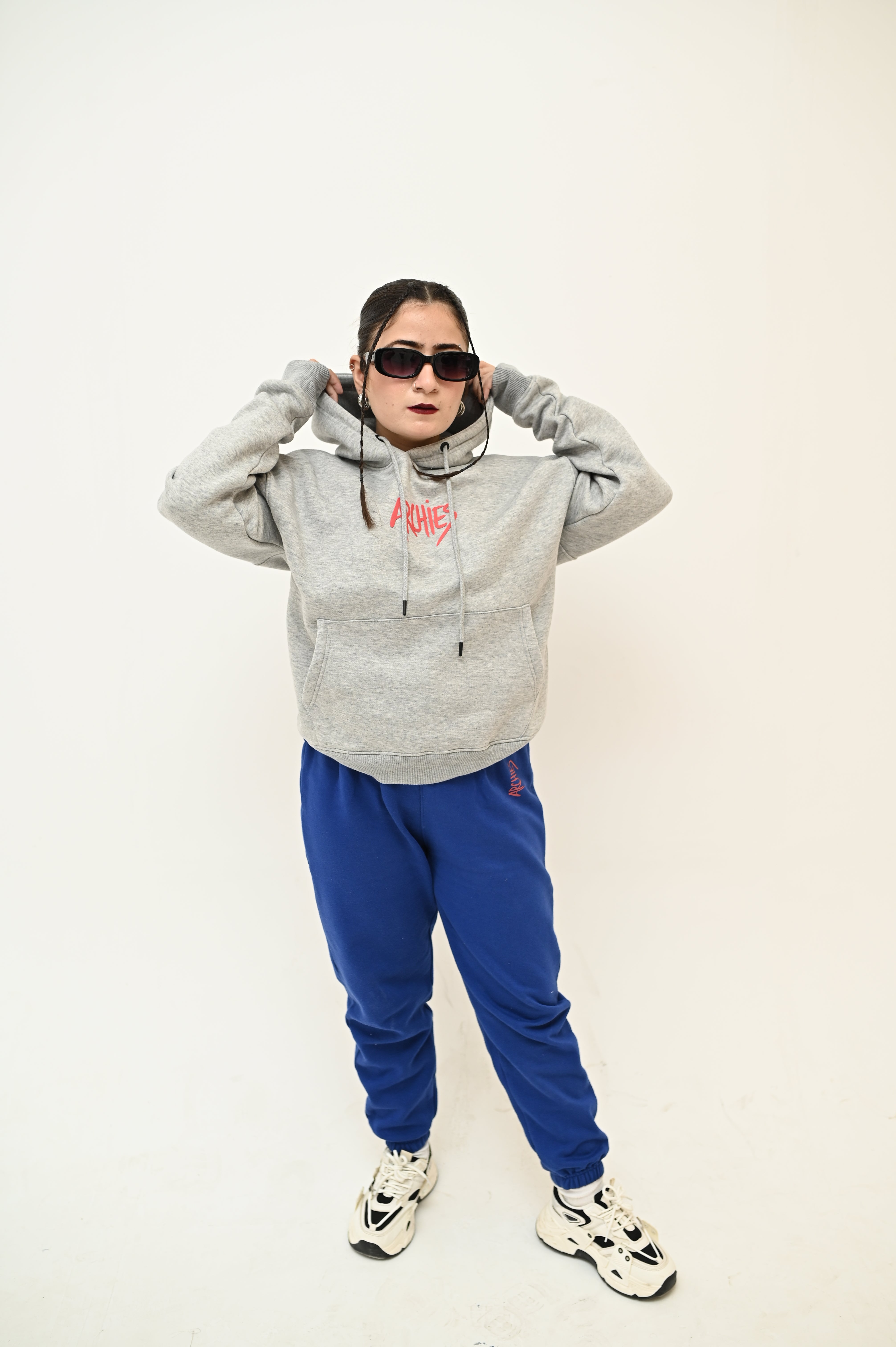 Grey Pullover Hoodie and Blue Trouser Winter Suit For Women