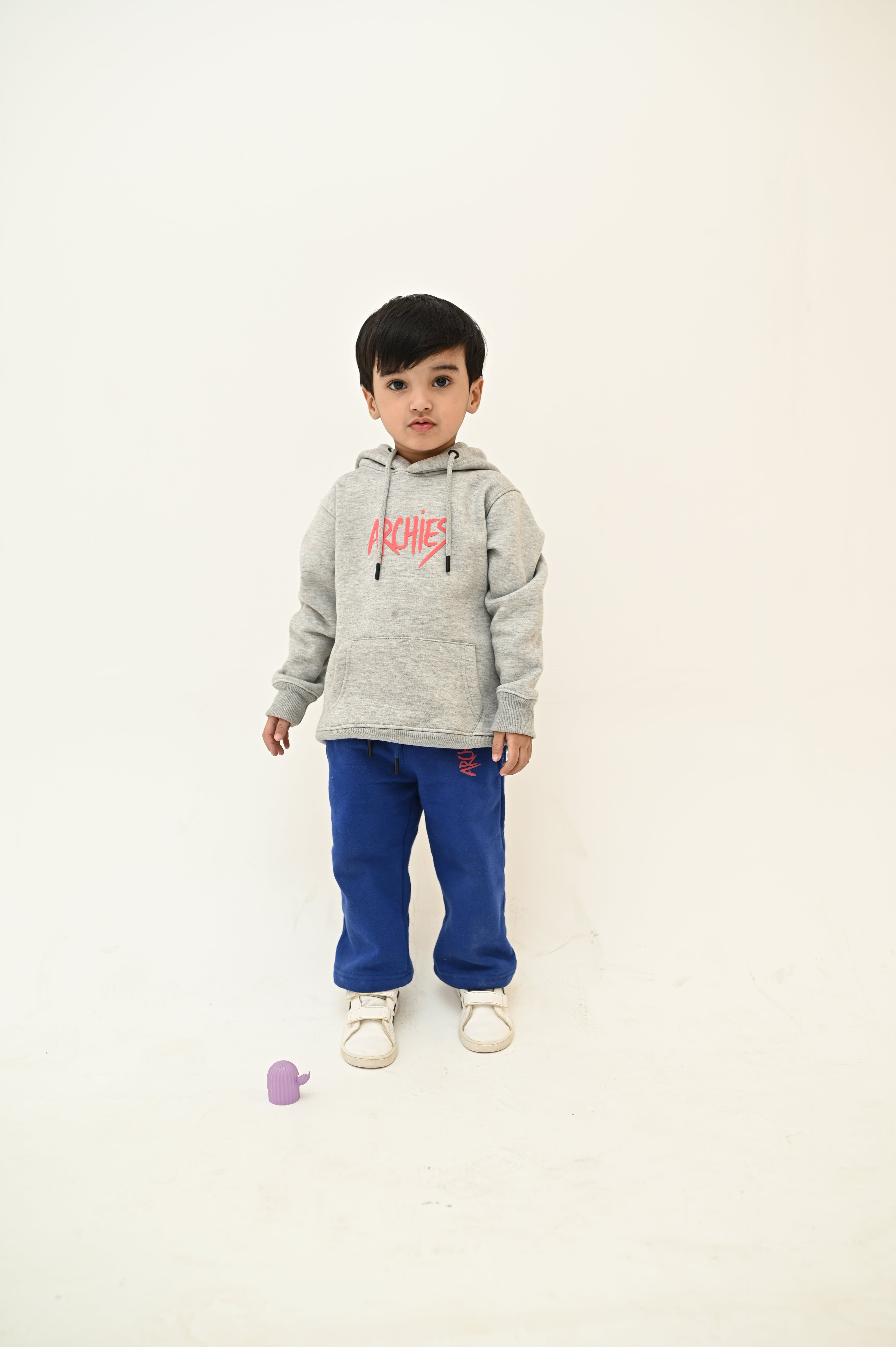 Grey Pullover Hoodie and Blue Trouser Winter Suit For Kid Boys