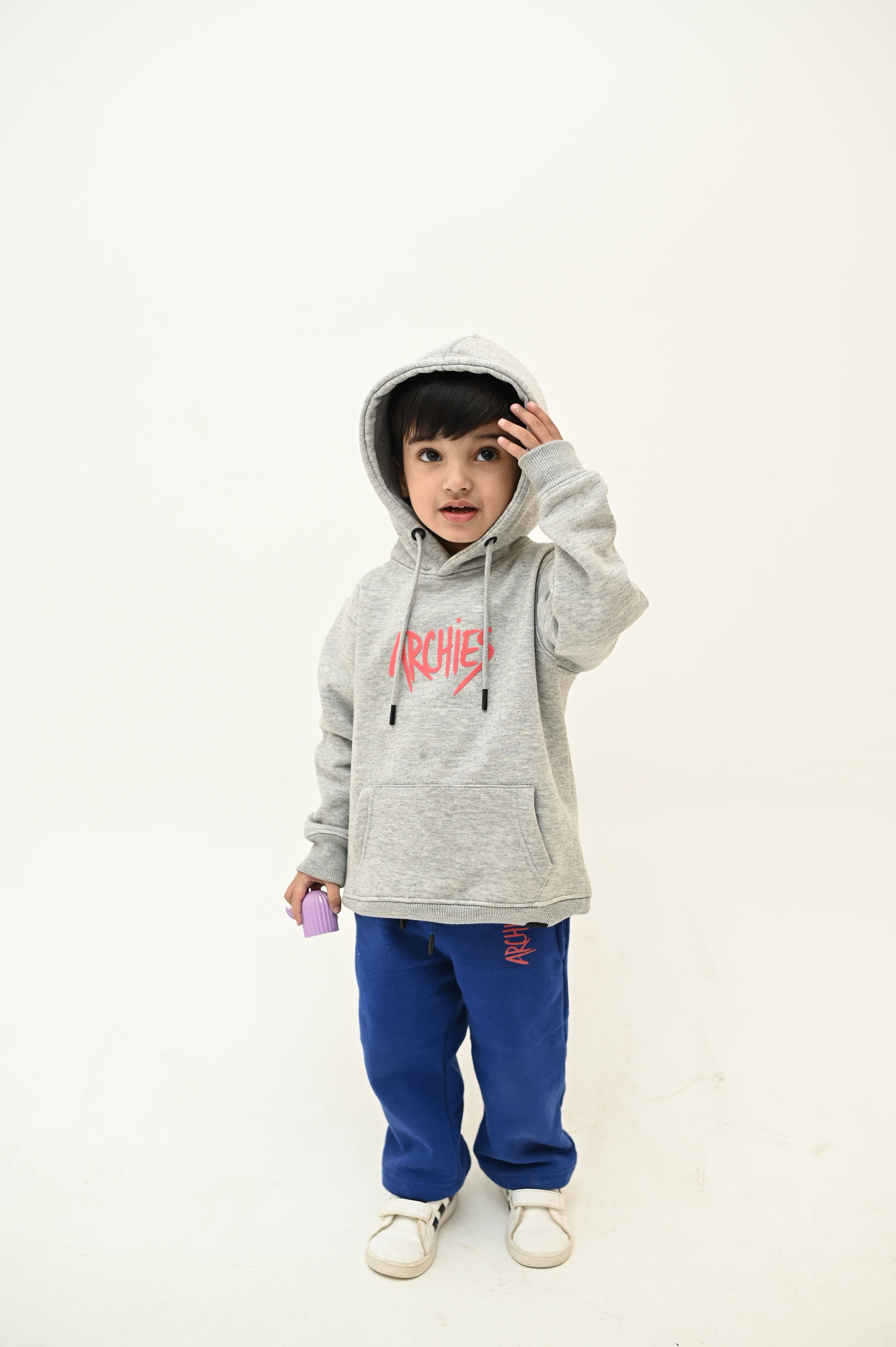 Grey Pullover Hoodie and Blue Trouser Winter Suit For Kid Boys