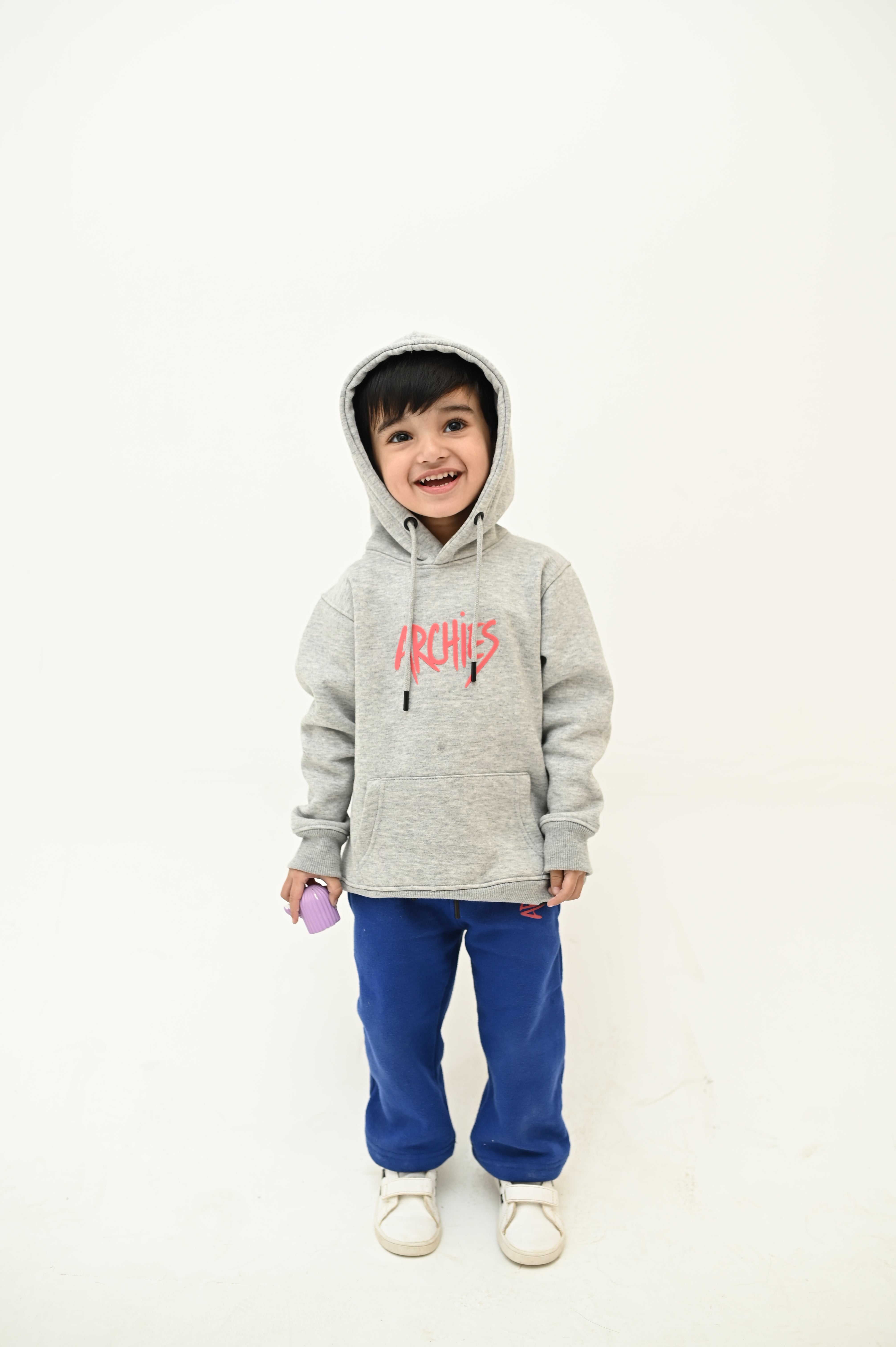 Grey Pullover Hoodie and Blue Trouser Winter Suit For Kid Boys
