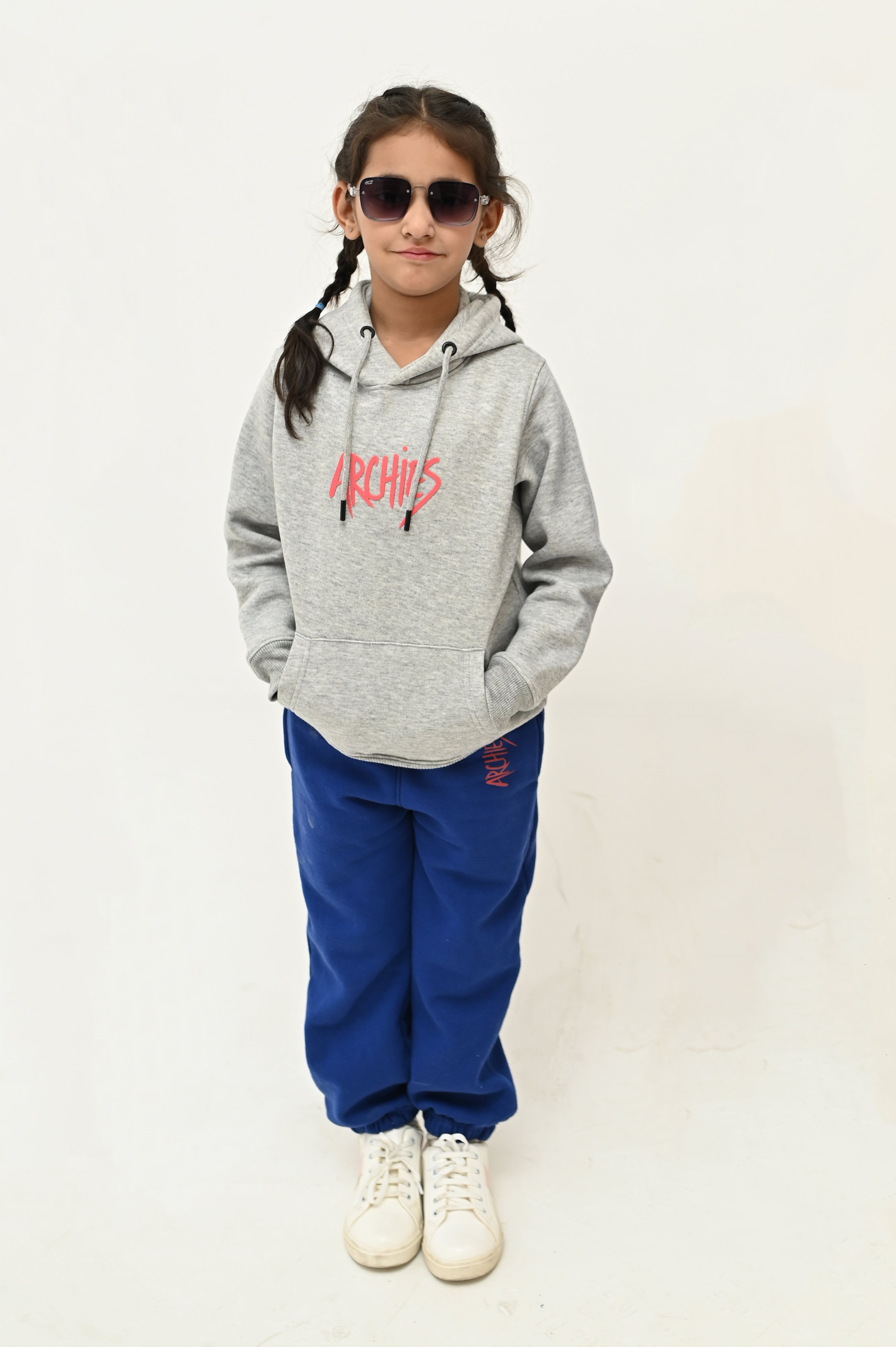 Grey Pullover Hoodie and Blue Trouser Winter Suit For Kid Girls